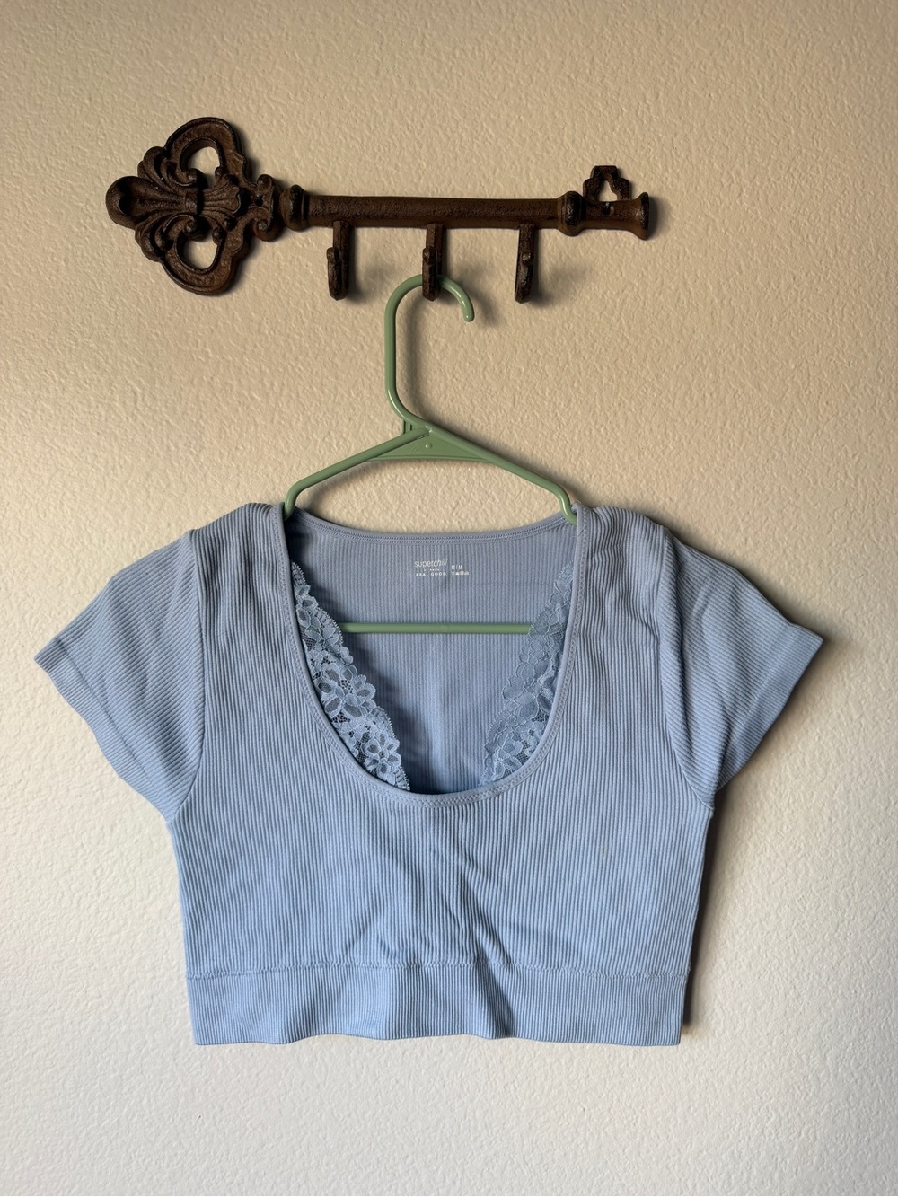 aerie Light Blue Ribbed Lace-Trim Scoop Crop Top